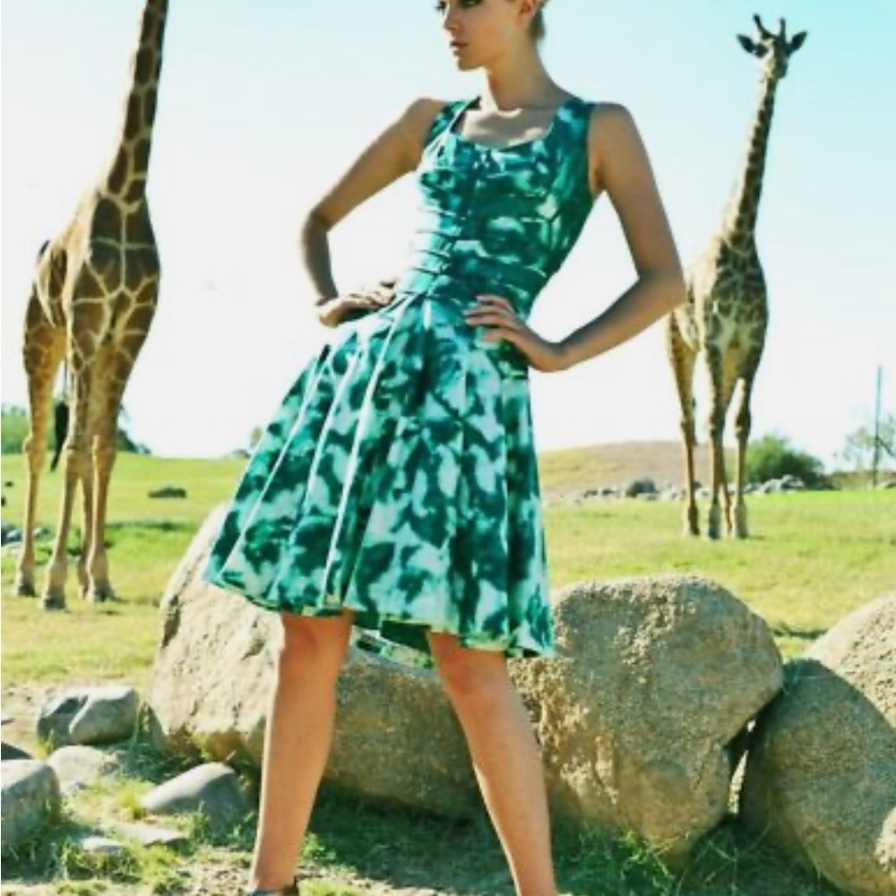 Oscar De La Renta Silk White Green Abstract Fit Flare Dress SZ 8